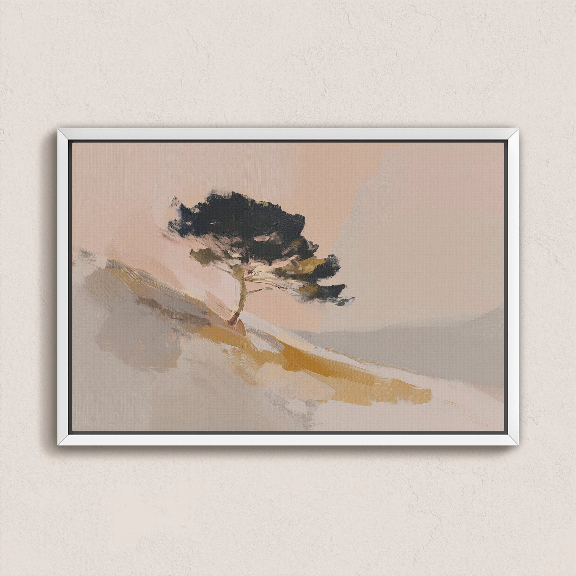 Arbor Canvas Wall Art depicting a lone pine tree on a sunlit hillside in soft neutral tones, framed in white.