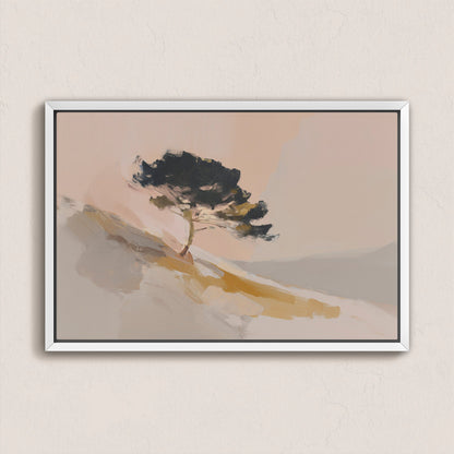 Arbor Canvas Wall Art depicting a lone pine tree on a sunlit hillside in soft neutral tones, framed in white.