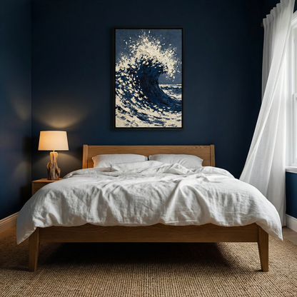 a serene bedroom scene with a large bed, a wooden headboard, and a framed artwork of a crashing wave on the wall.