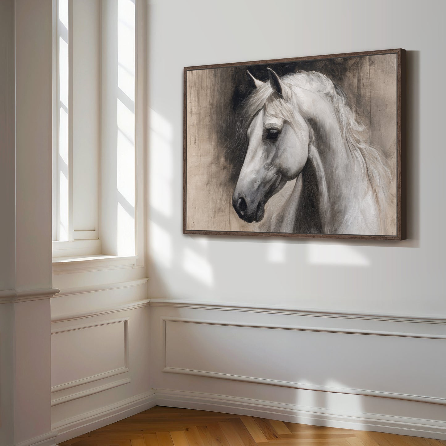 a large, framed painting of a white horse's head hanging on a white wall.