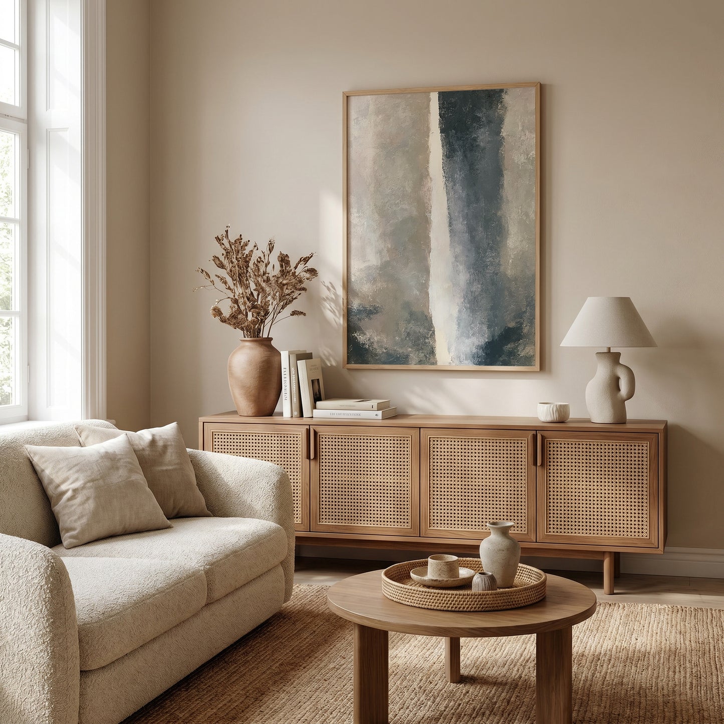 a cozy living room with a beige sofa, a wooden sideboard, and a large abstract painting on the wall. The room has a warm and inviting atmosphere, with natural light coming in from a window and a vase of dried flowers on the sideboard.