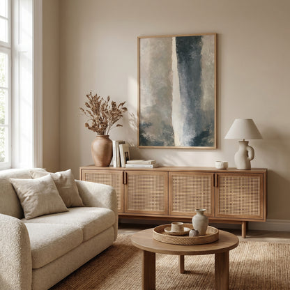 a cozy living room with a beige sofa, a wooden sideboard, and a large abstract painting on the wall. The room has a warm and inviting atmosphere, with natural light coming in from a window and a vase of dried flowers on the sideboard.