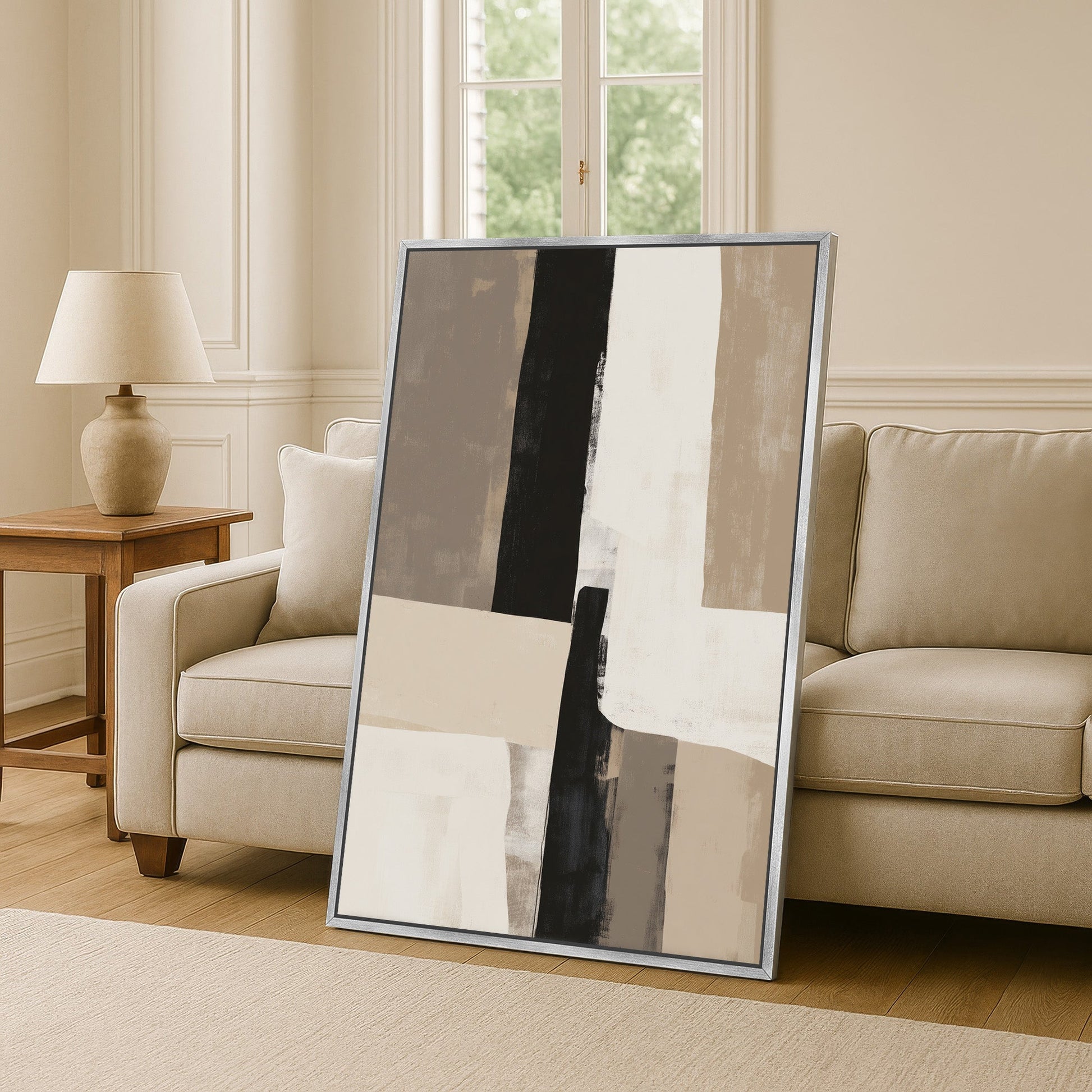 Abstract Align Canvas Print with layered neutral tones in modern living room setting