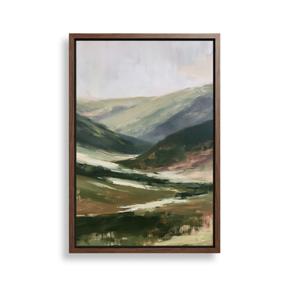 The image is a framed landscape painting depicting a mountainous, green valley with rolling hills and a winding river.