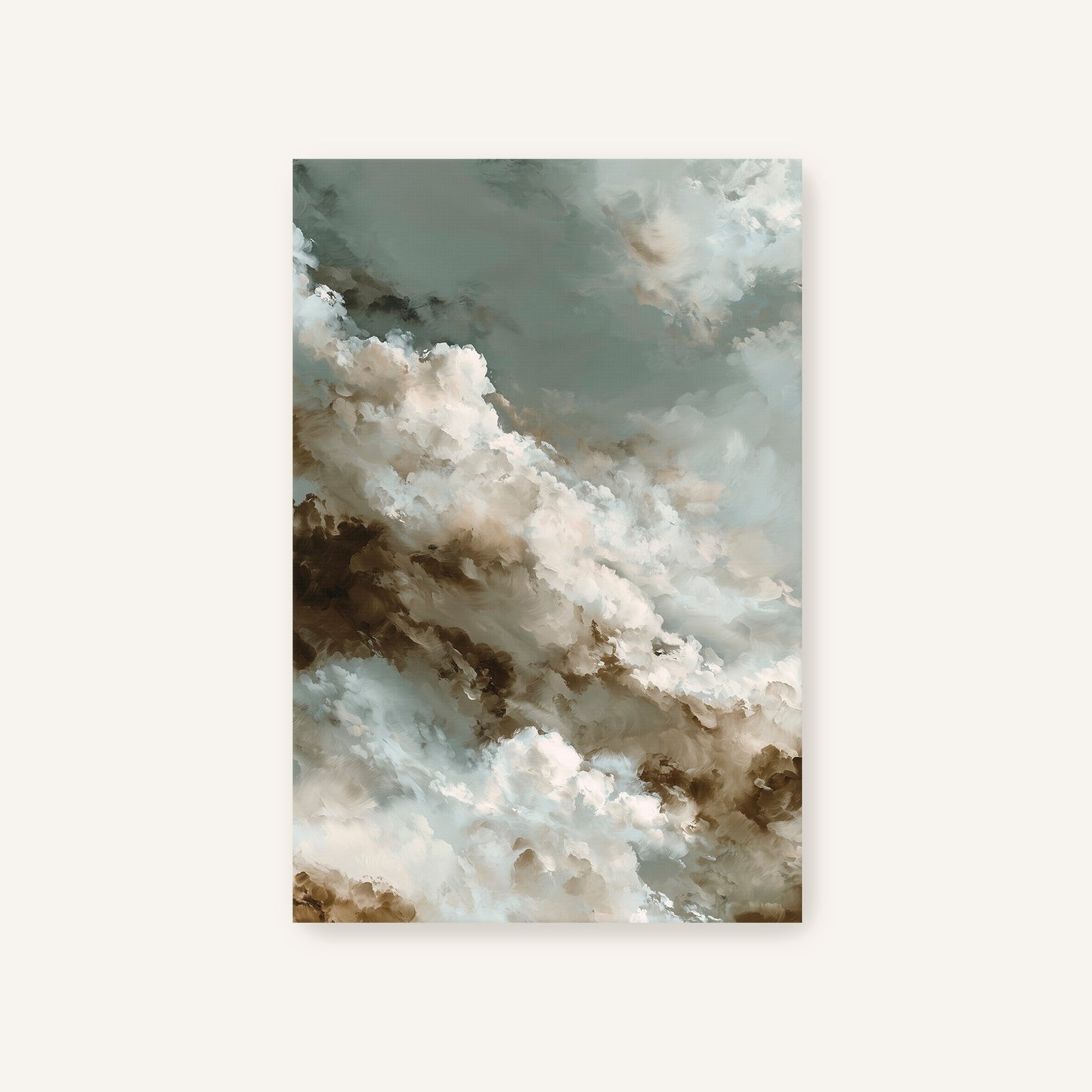 The image is a painting or artwork depicting a cloudy sky with a mix of white, gray, and brown colors.