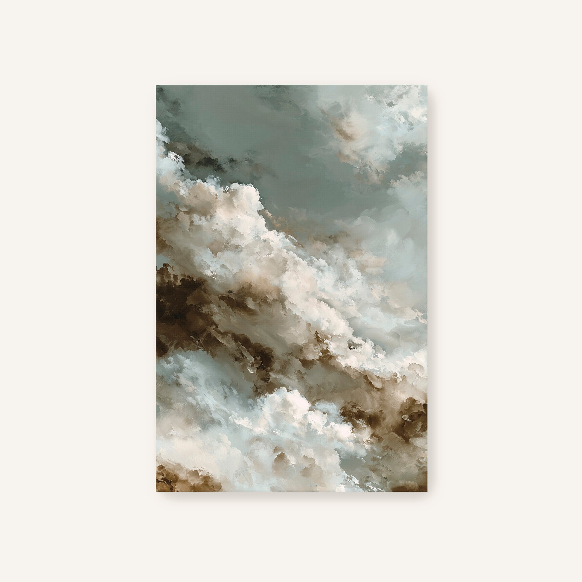 The image is a painting or artwork depicting a cloudy sky with a mix of white, gray, and brown colors.
