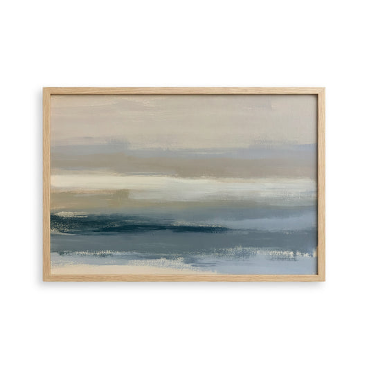 The image is a framed abstract painting depicting a serene landscape with a body of water and a cloudy sky.