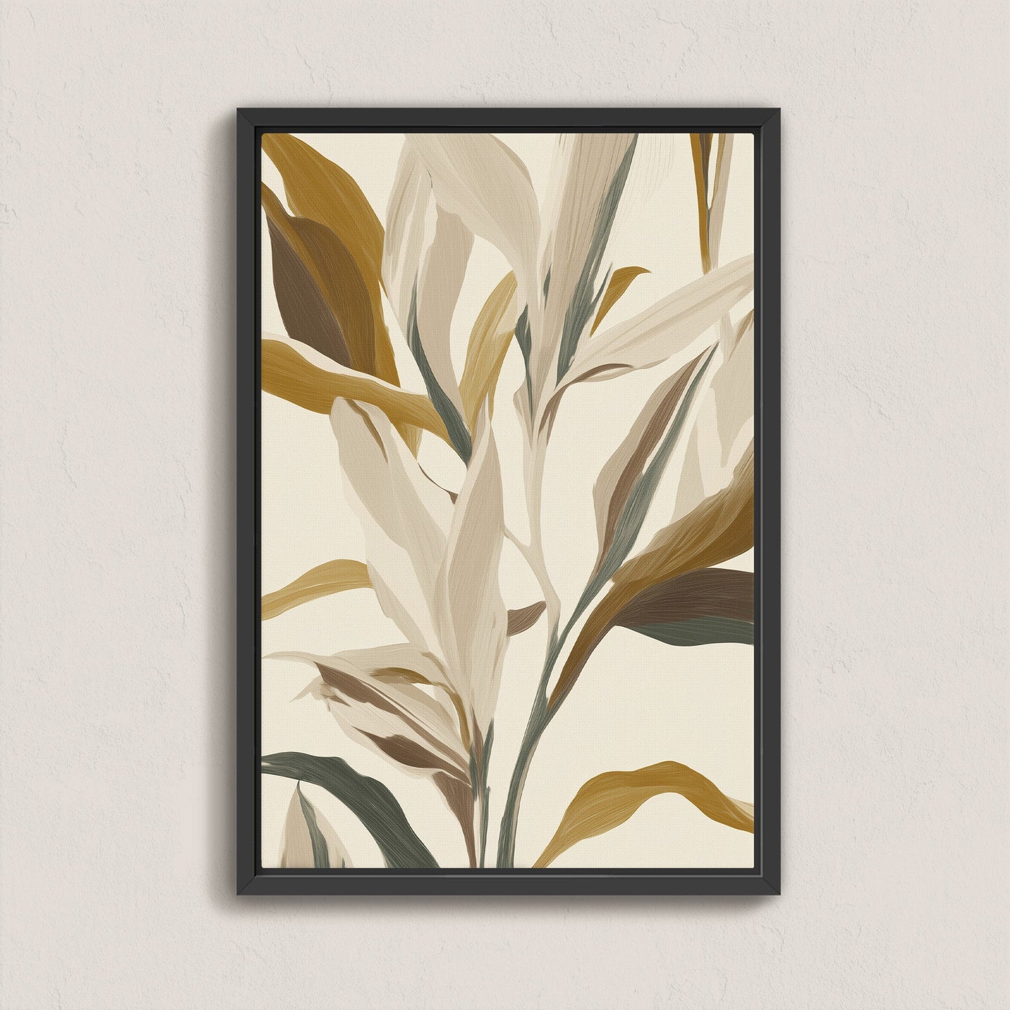 Lilt Canvas Print featuring modern botanical leaves in earthy golds, soft taupes, and muted sage with a black frame.