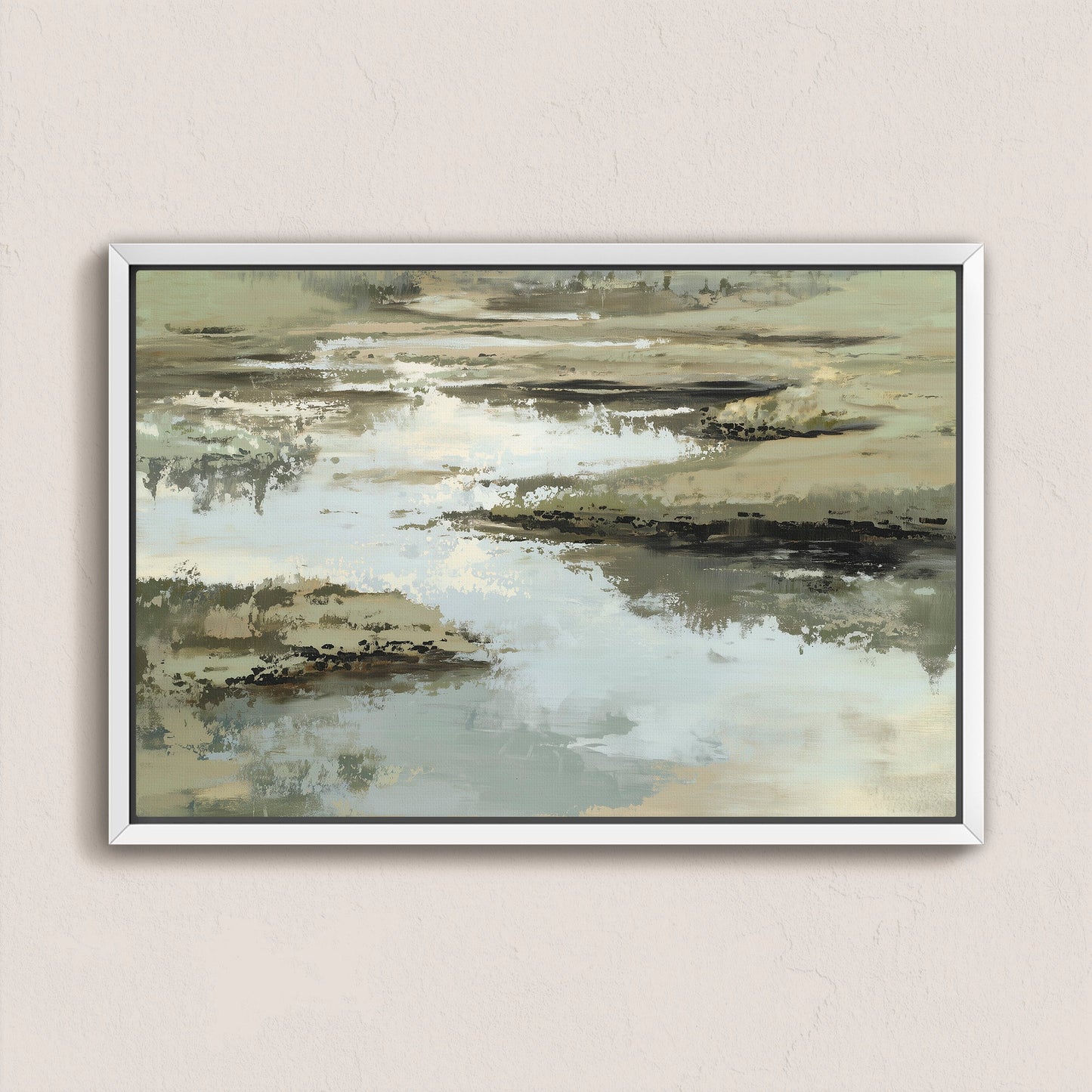 Abstract Reed canvas print featuring layered sage, sand, and ivory tones in a serene water and earth scene, framed in white.