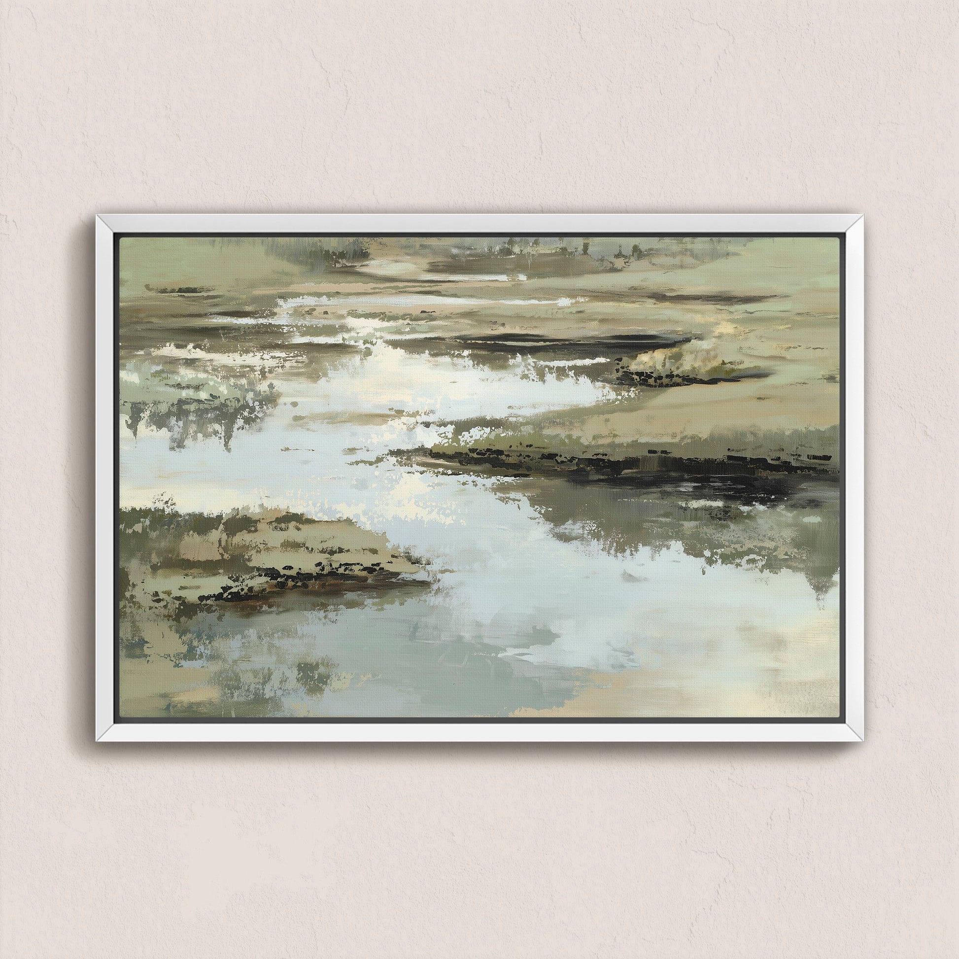 Abstract Reed canvas print featuring layered sage, sand, and ivory tones in a serene water and earth scene, framed in white.