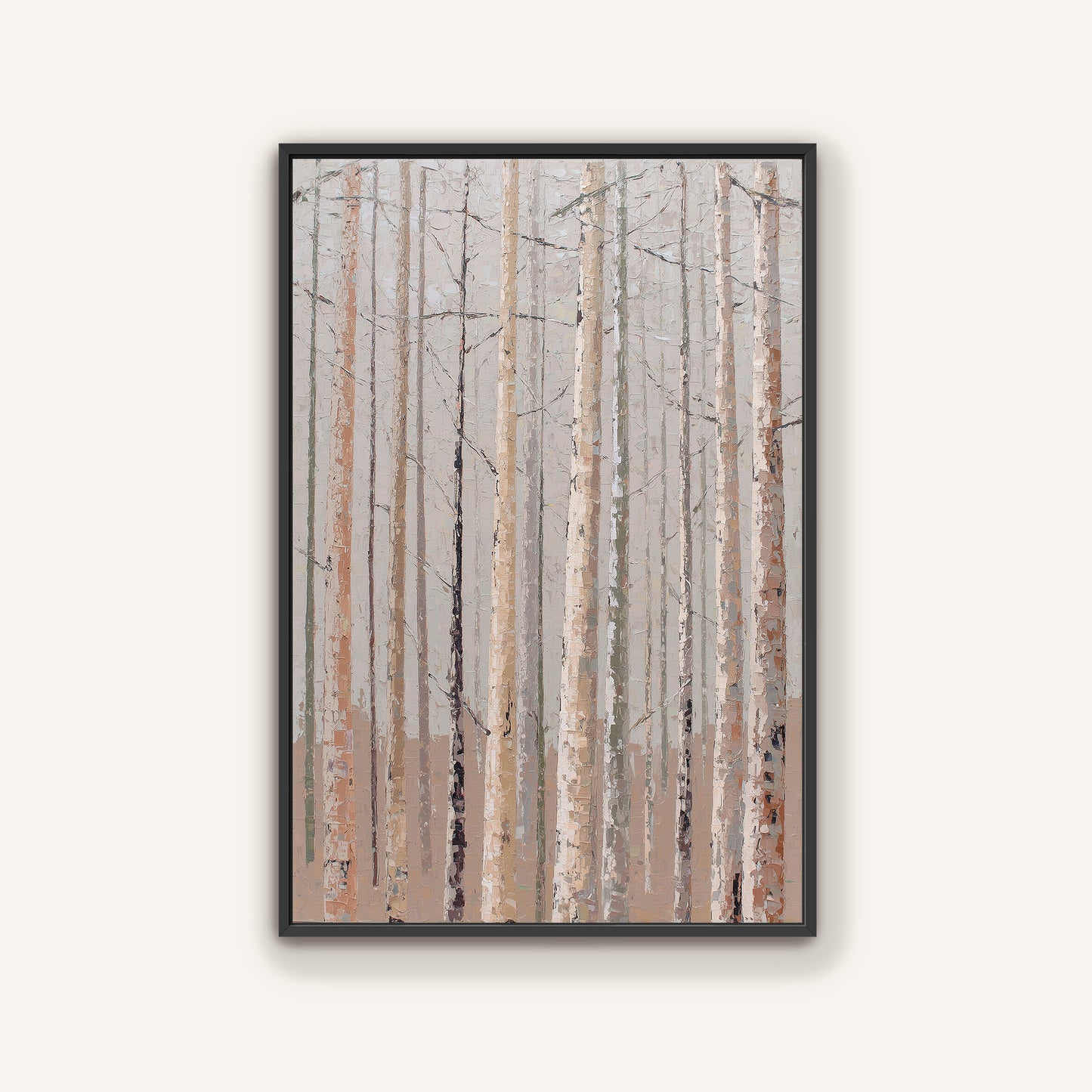 The image is a framed painting depicting a forest scene with tall trees and a light brown color palette.