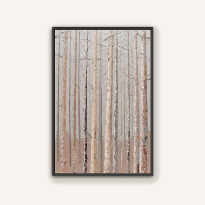 The image is a framed painting depicting a forest scene with tall trees and a light brown color palette.