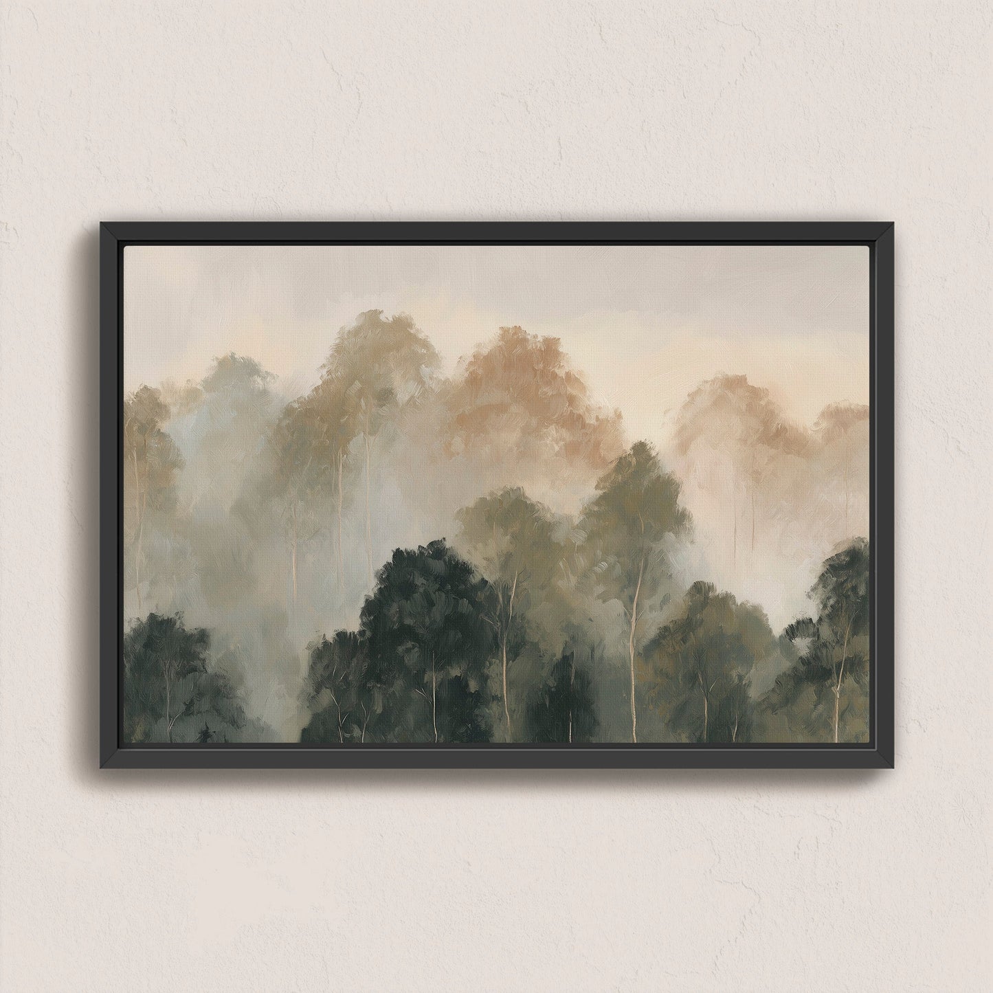 Fable canvas print featuring soft mist over layered treetops in muted olive and ivory tones with a black frame