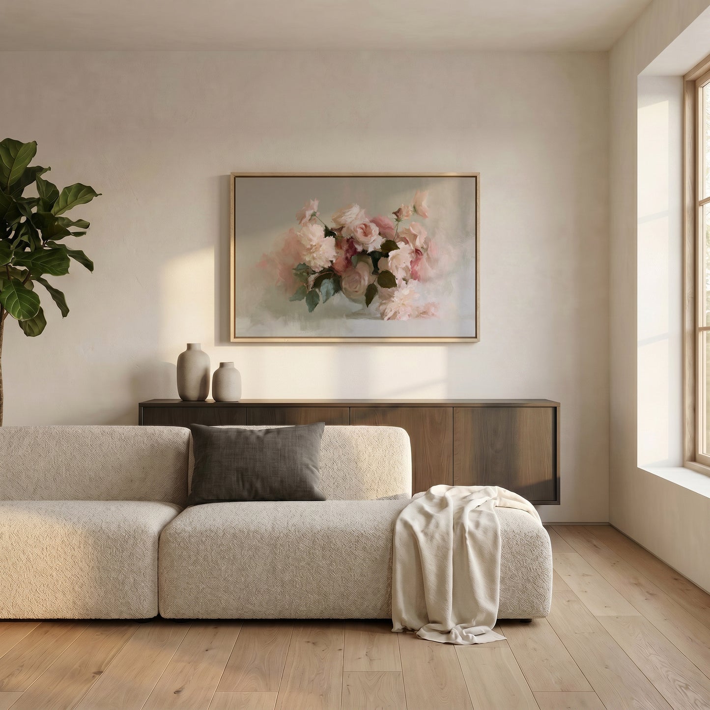 a serene and modern living room with a large window, a white sofa, a wooden cabinet, and a framed painting of pink flowers on the wall.