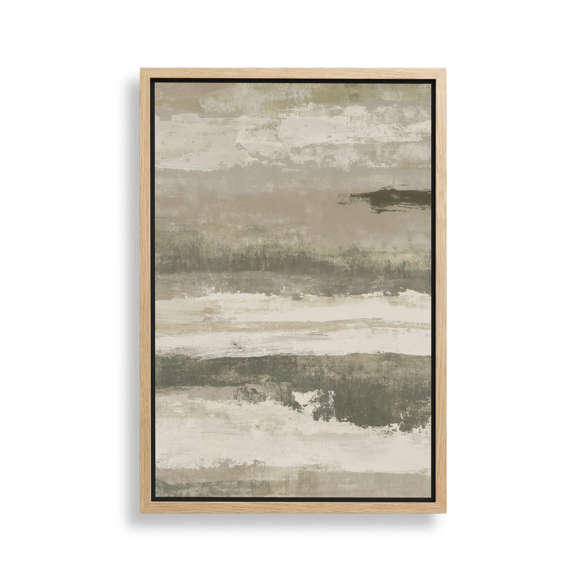The image is a framed abstract painting with a predominantly gray and white color palette, featuring a landscape-like scene with a small island in the center.