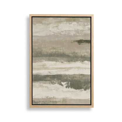 The image is a framed abstract painting with a predominantly gray and white color palette, featuring a landscape-like scene with a small island in the center.