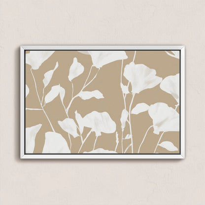 Driftleaf Canvas Print with white floral silhouettes on beige background in white frame
