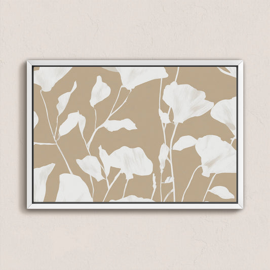 Driftleaf Canvas Print with white floral silhouettes on beige background in white frame