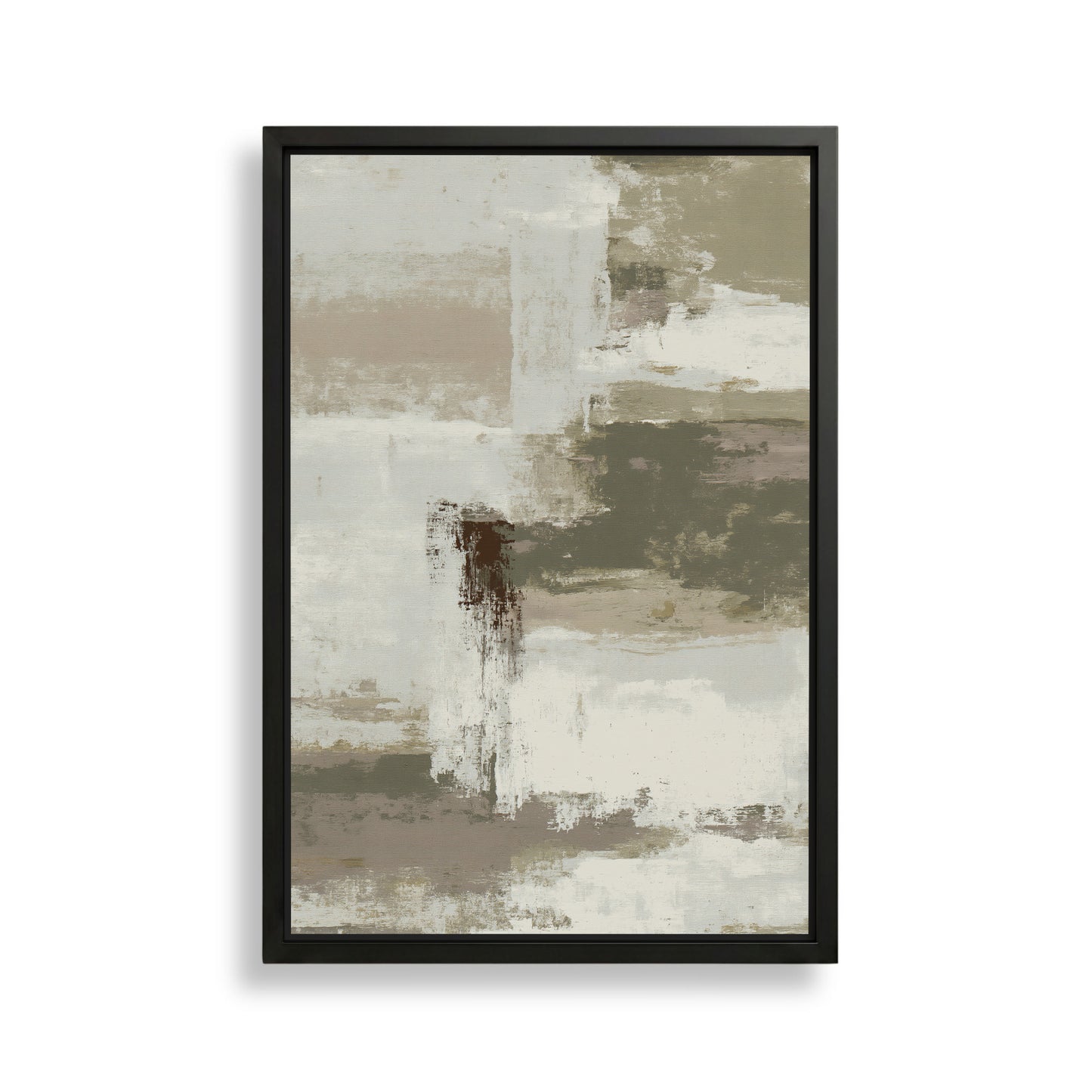 The image is a framed abstract painting with a predominantly neutral color palette of beige, gray, and brown. The painting features a variety of brushstrokes and textures, creating a sense of depth and movement. The artwork is displayed on a white wall, which highlights its colors and composition.