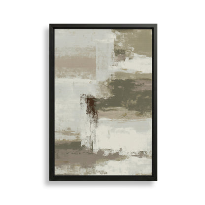 The image is a framed abstract painting with a predominantly neutral color palette of beige, gray, and brown. The painting features a variety of brushstrokes and textures, creating a sense of depth and movement. The artwork is displayed on a white wall, which highlights its colors and composition.
