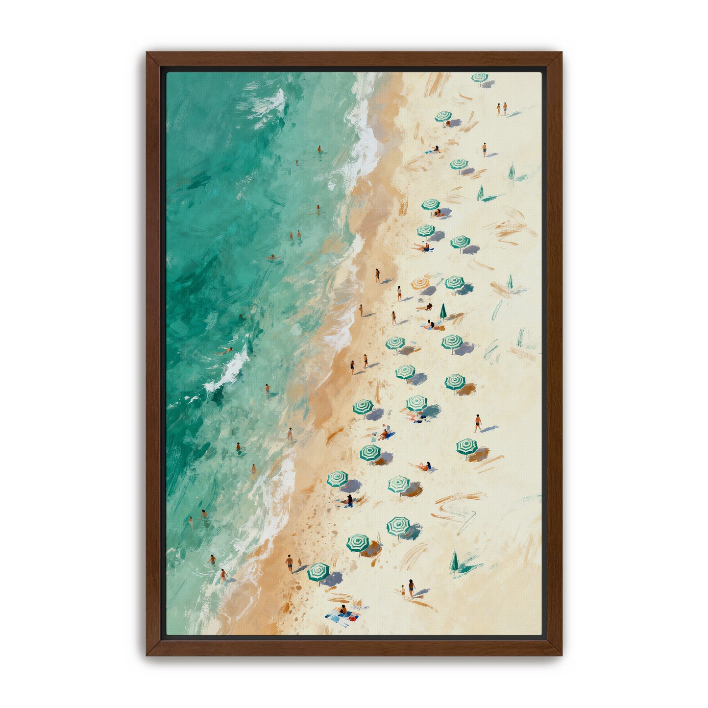 a beach scene with people enjoying the sun and sand, surrounded by numerous green umbrellas providing shade.