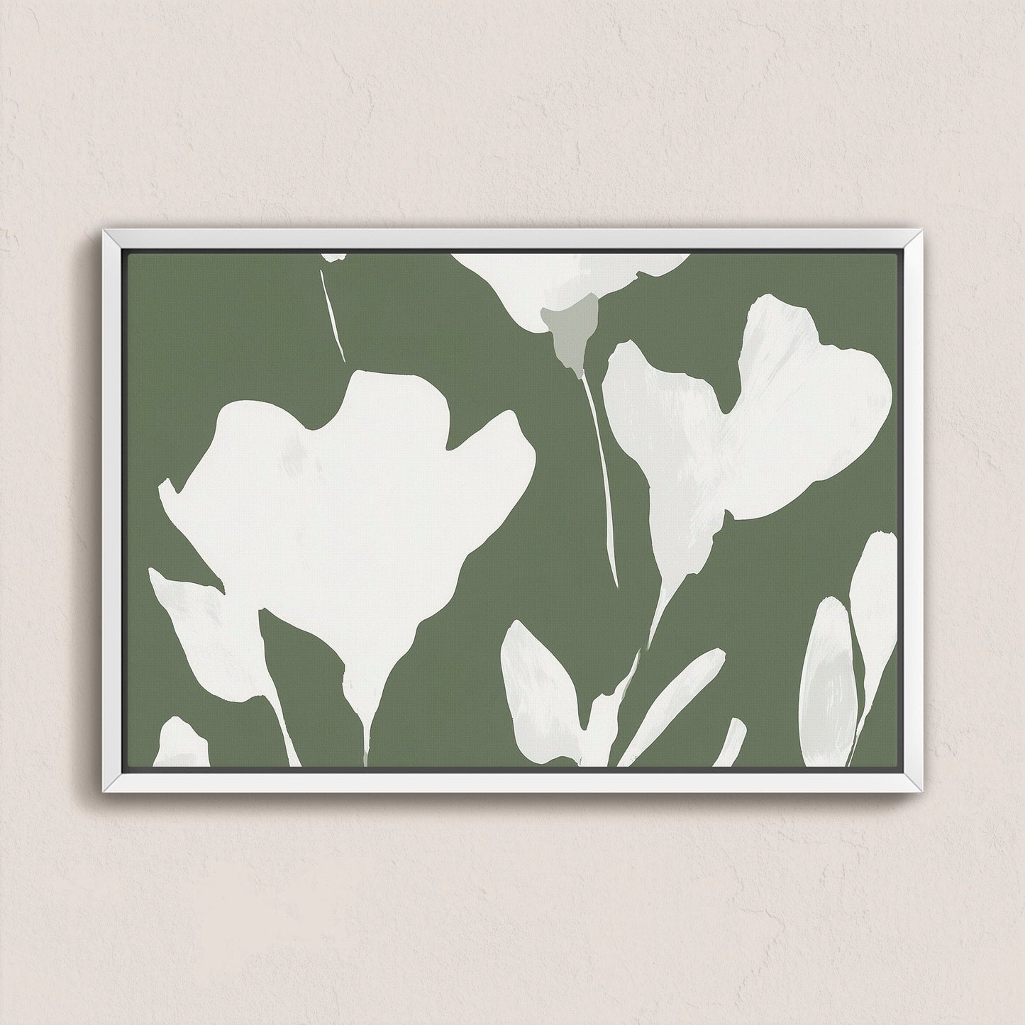 Verdal Canvas Print with ivory floral silhouettes on muted olive background in a white frame