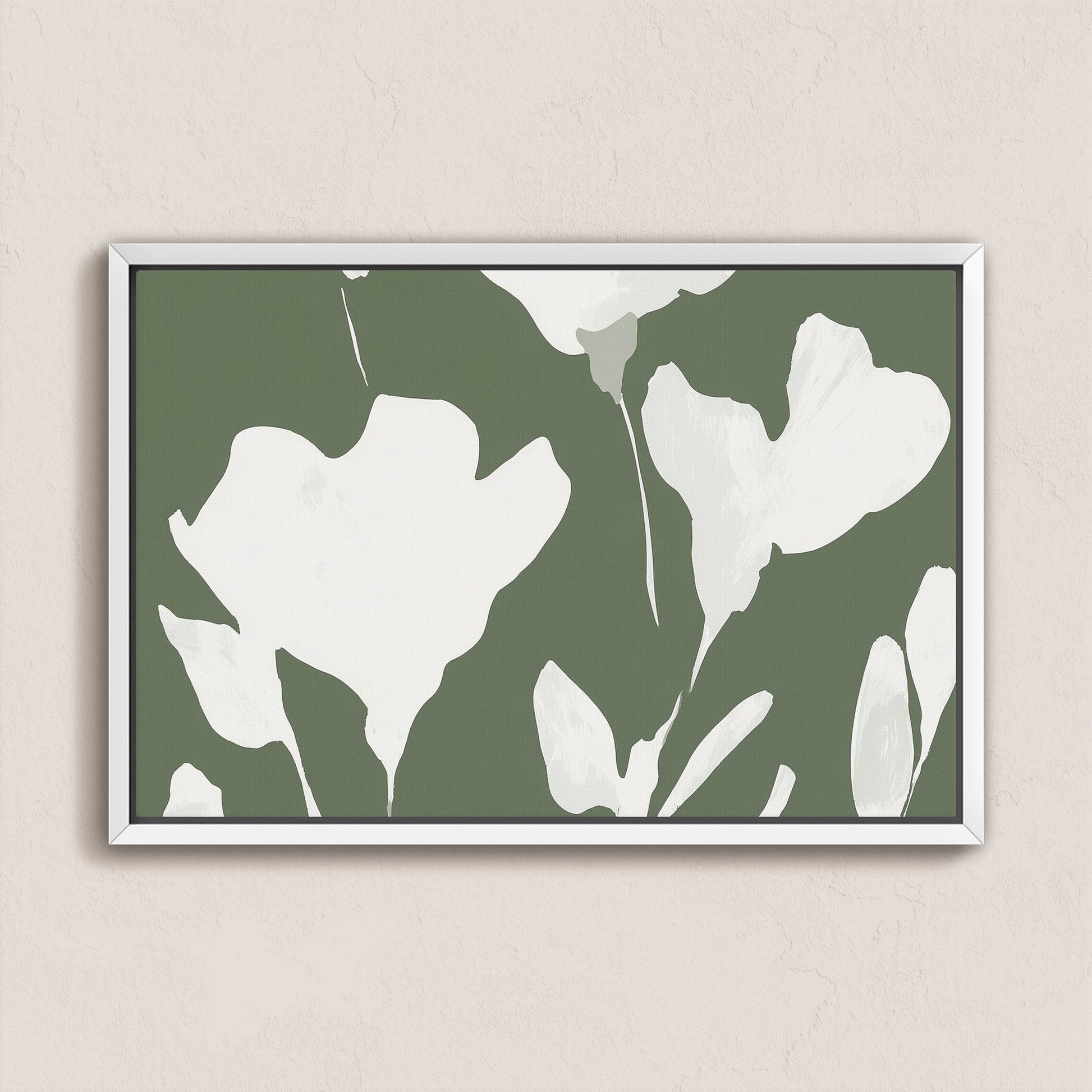 Verdal Canvas Print with ivory floral silhouettes on muted olive background in a white frame
