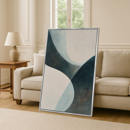 Bend canvas artwork featuring abstract soft curves in teal, cream, and muted earth tones, framed and displayed in a contemporary living room.