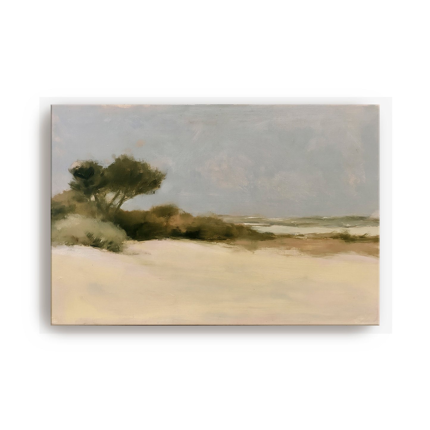 The image is a landscape painting depicting a serene beach scene with a sandy shore, trees, and a cloudy sky.