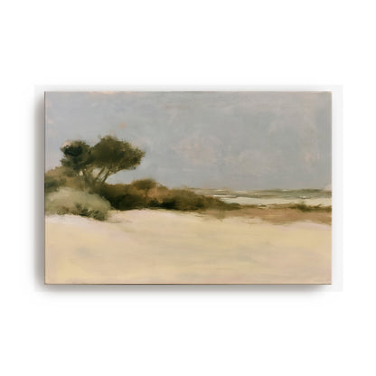 The image is a landscape painting depicting a serene beach scene with a sandy shore, trees, and a cloudy sky.