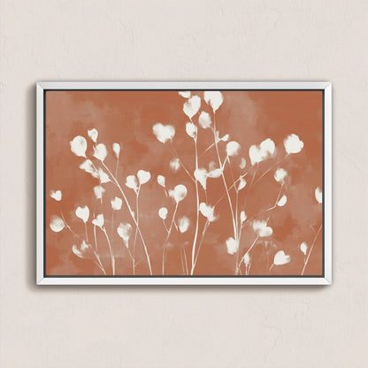 Ember Canvas Print featuring soft white petals on a terracotta background in a sleek white frame