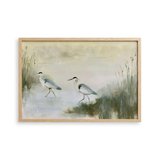 two birds walking in a natural setting, with tall grasses and a body of water in the background.