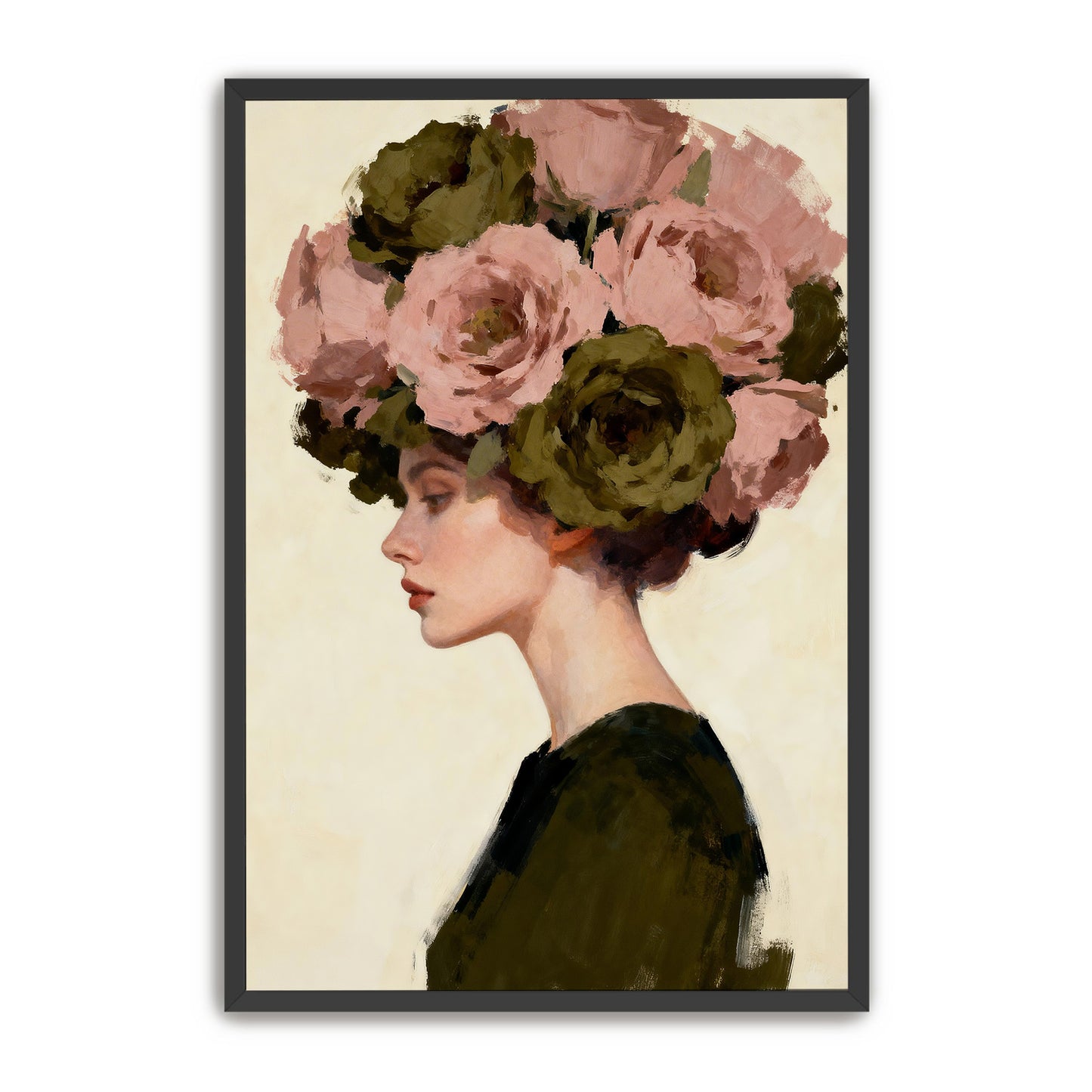 A woman with a large floral headdress is depicted in profile, wearing a dark green top.