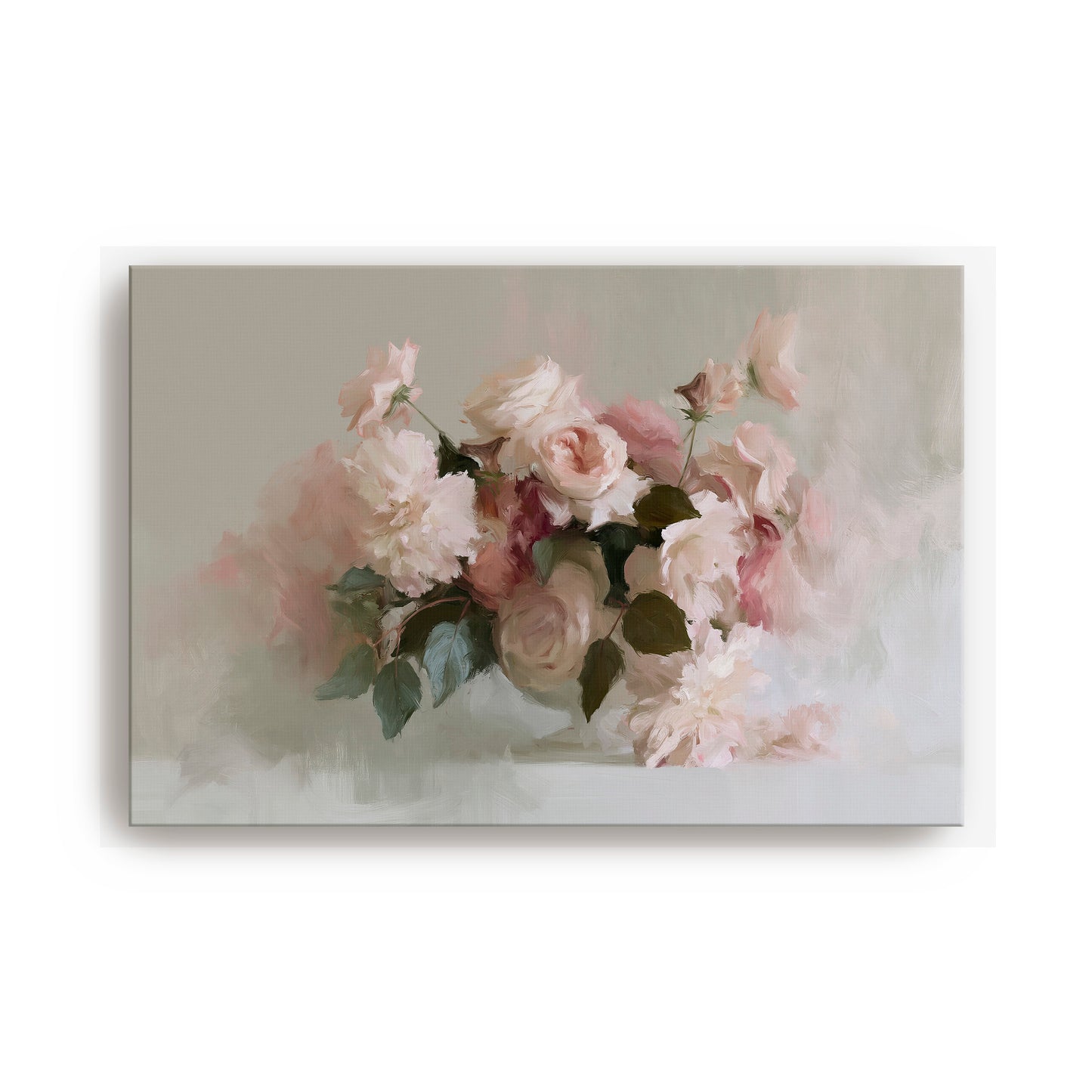 A bouquet of white and pink roses in full bloom, arranged in a vase, is the central focus of the painting.