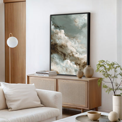 a modern living room with a large abstract painting hanging on the wall above a wooden cabinet. The room is furnished with a white sofa, a coffee table, and a potted plant.