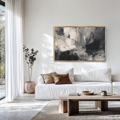 a modern living room with a white sofa, a wooden coffee table, and a large abstract painting on the wall.