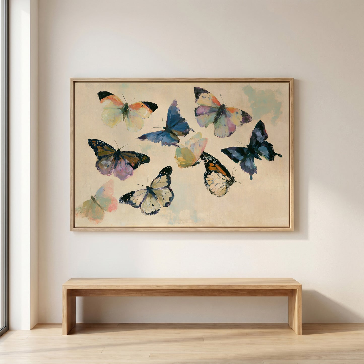 a large painting of colorful butterflies hanging on a wall above a wooden bench.
