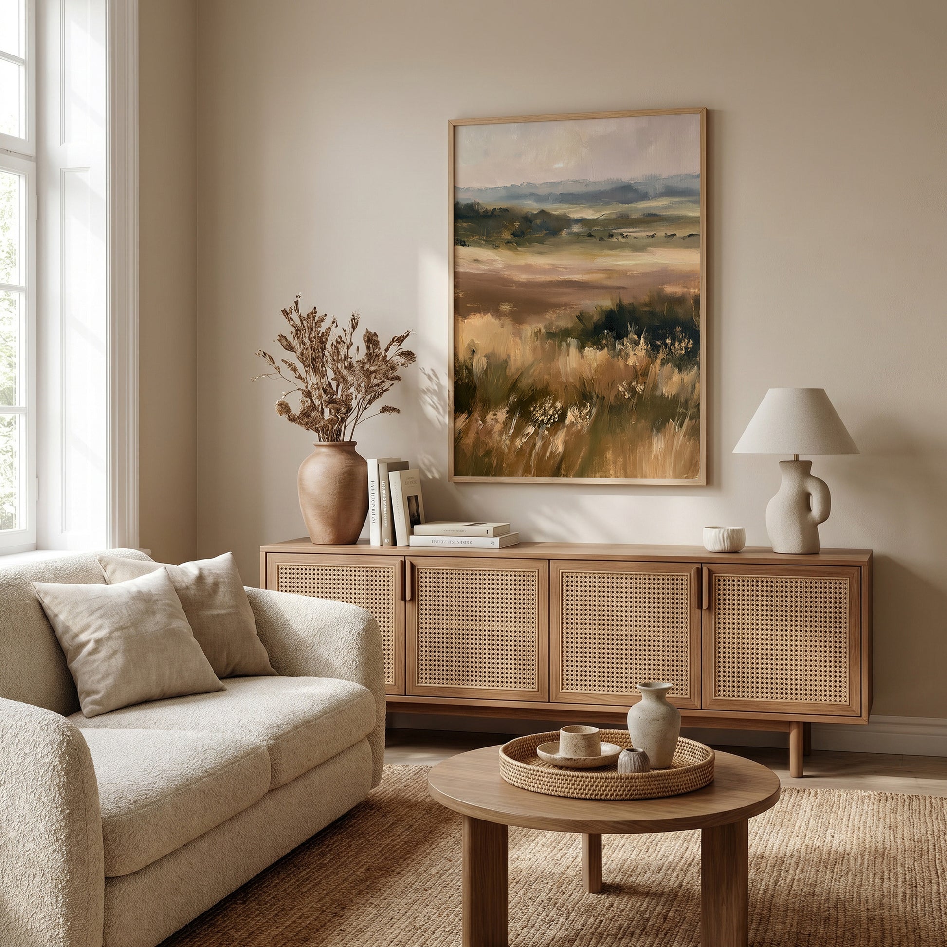 a cozy living room with a beige sofa, a wooden sideboard, and a large landscape painting on the wall. The room has a warm and inviting atmosphere, with natural light coming in from a window and a vase of dried flowers on the sideboard.