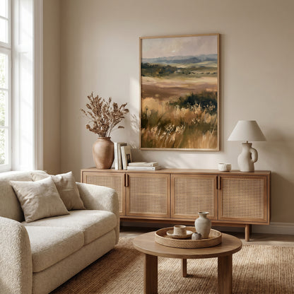 a cozy living room with a beige sofa, a wooden sideboard, and a large landscape painting on the wall. The room has a warm and inviting atmosphere, with natural light coming in from a window and a vase of dried flowers on the sideboard.