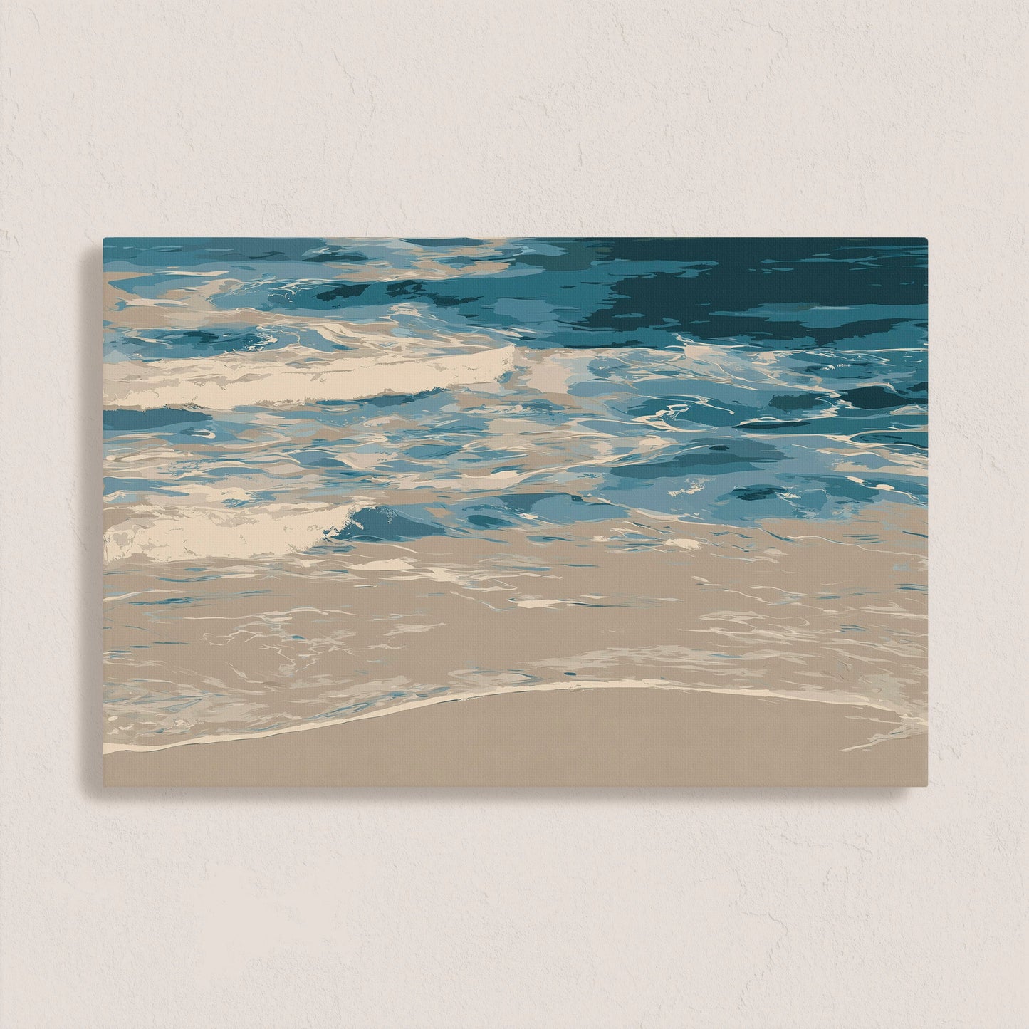 Marin Canvas Print depicting abstract shoreline with blues and neutrals, archival-grade gallery wrapped, coastal minimalist art.