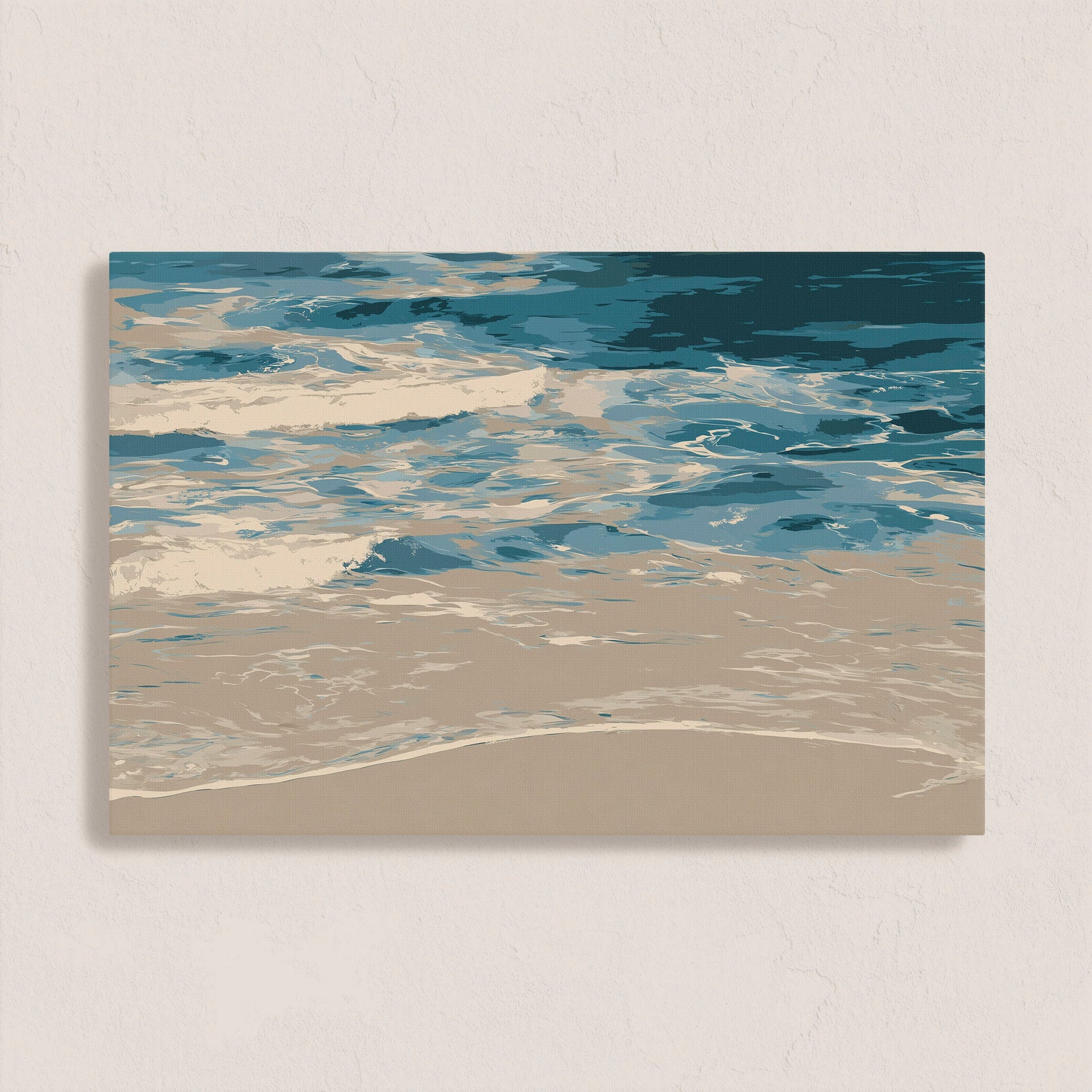 Marin Canvas Print depicting abstract shoreline with blues and neutrals, archival-grade gallery wrapped, coastal minimalist art.