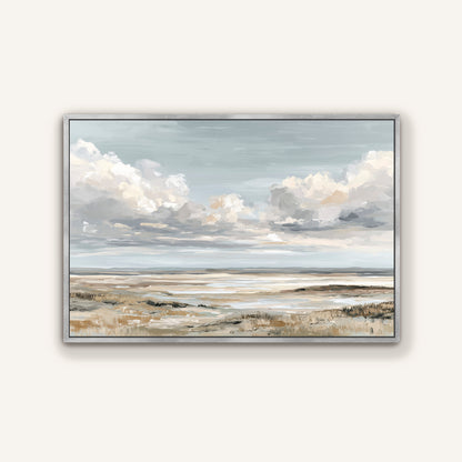 The image is a painting depicting a serene landscape with a vast body of water and a cloudy sky.
