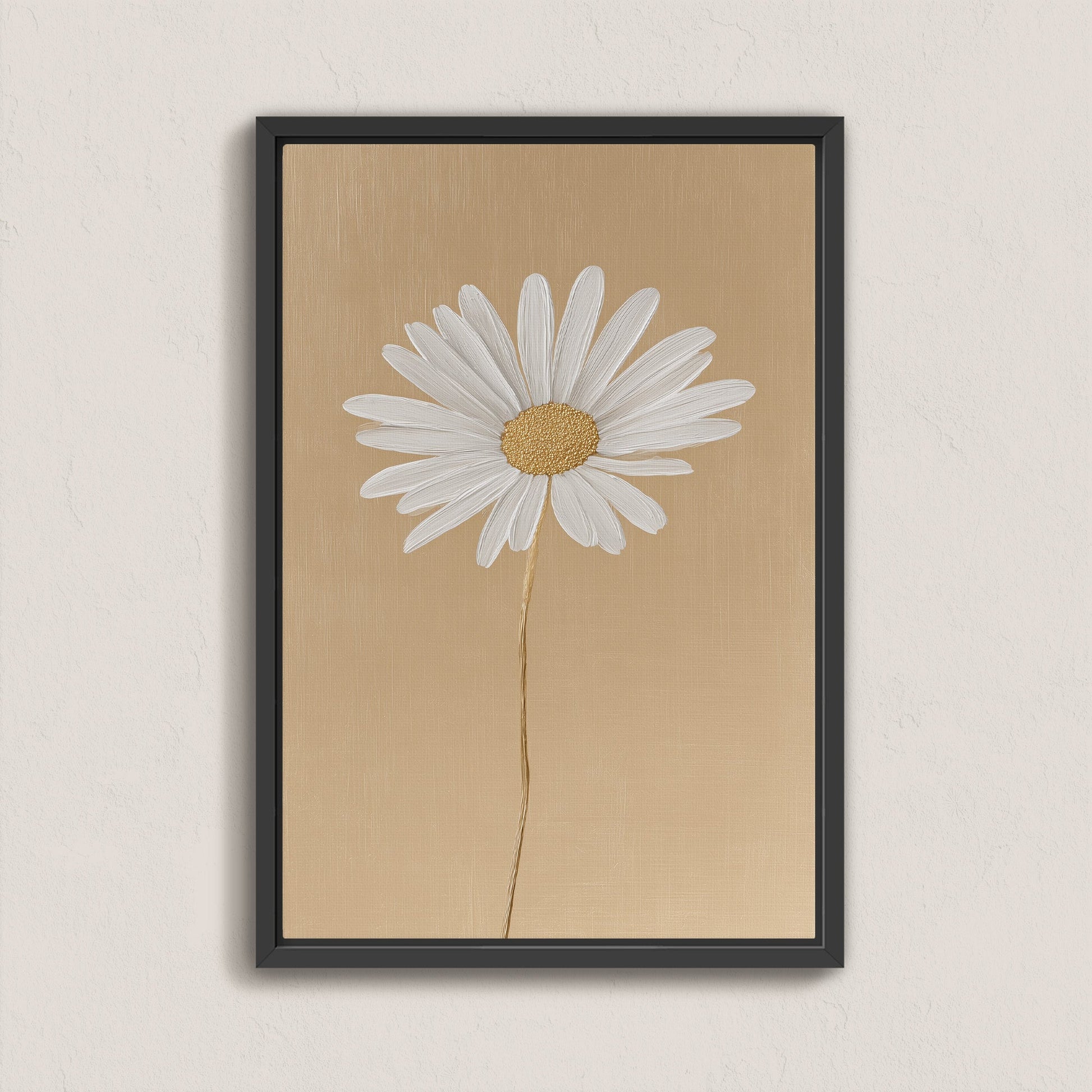 'Bloom' canvas print featuring a minimalist white daisy on a warm golden-beige background in a black frame