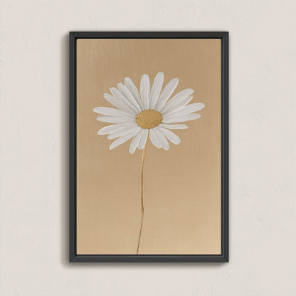 'Bloom' canvas print featuring a minimalist white daisy on a warm golden-beige background in a black frame