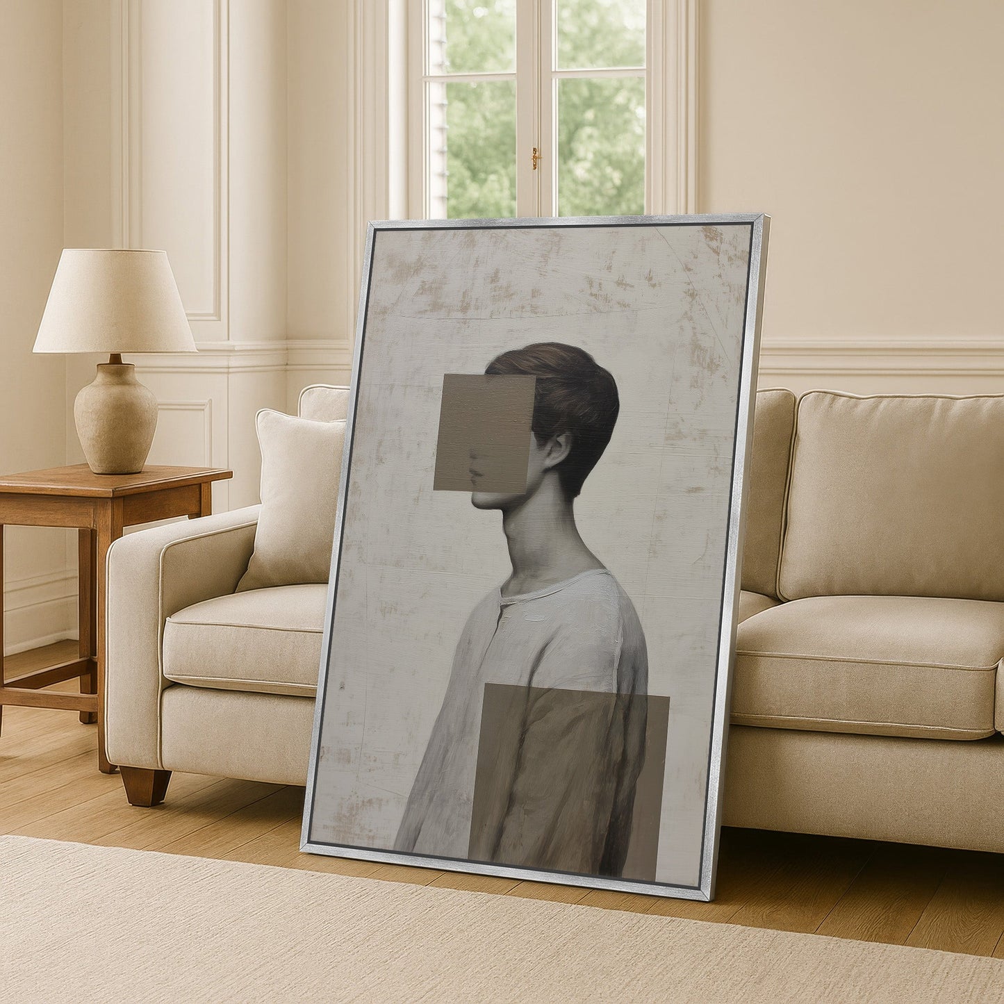 Masked Canvas Print portrait with abstract geometric concealment in muted tones, displayed in modern living room.