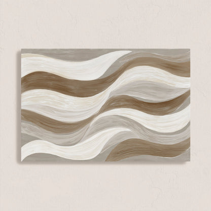 Abstract Flux canvas print with cream, taupe, and clay wavy brushstrokes on archival-grade gallery wrapped canvas.