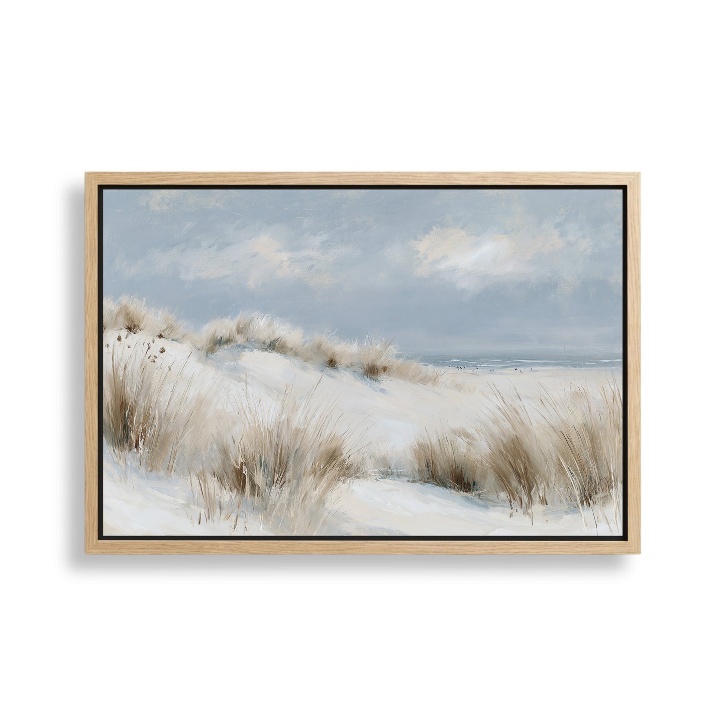 A framed painting depicting a serene landscape with a snowy field, tall grasses, and a cloudy sky.