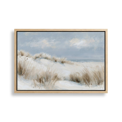 A framed painting depicting a serene landscape with a snowy field, tall grasses, and a cloudy sky.