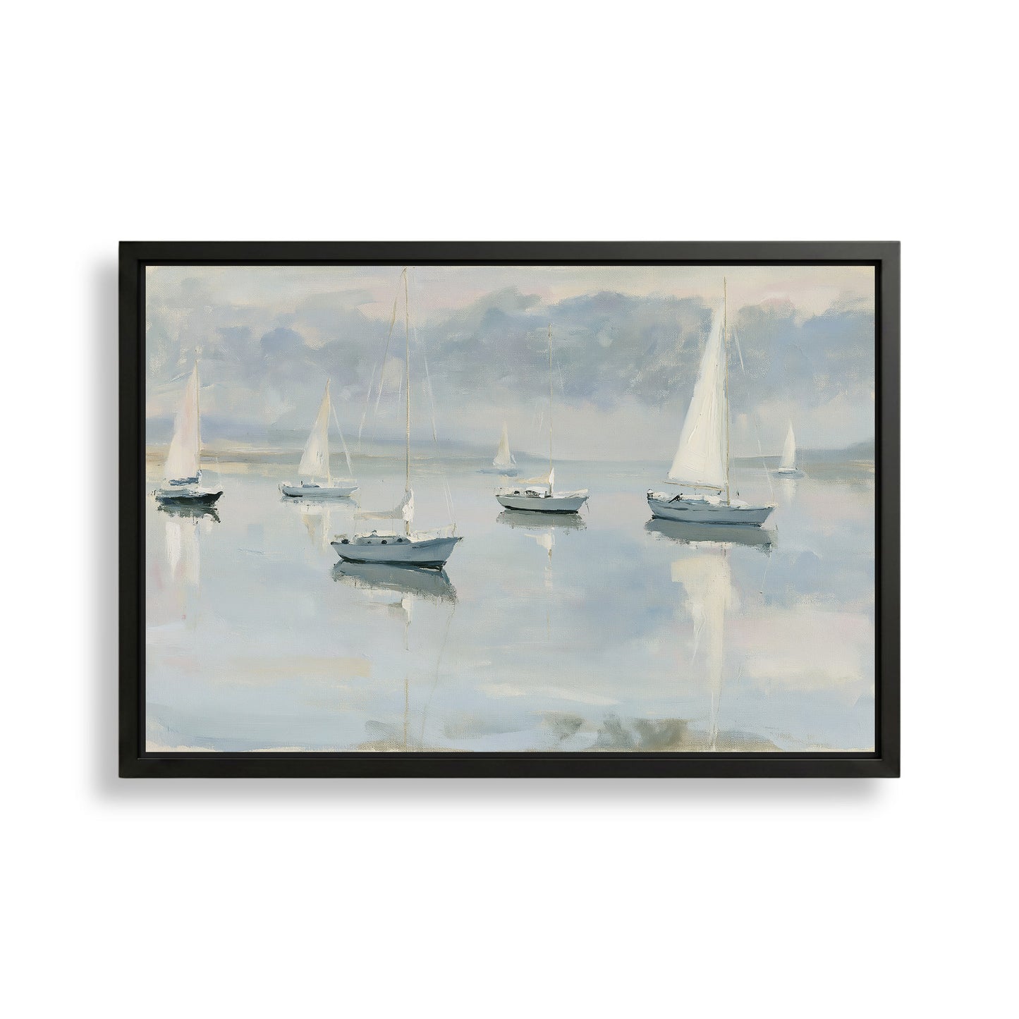 a serene scene of sailboats gently floating on a calm body of water, with a cloudy sky in the background.
