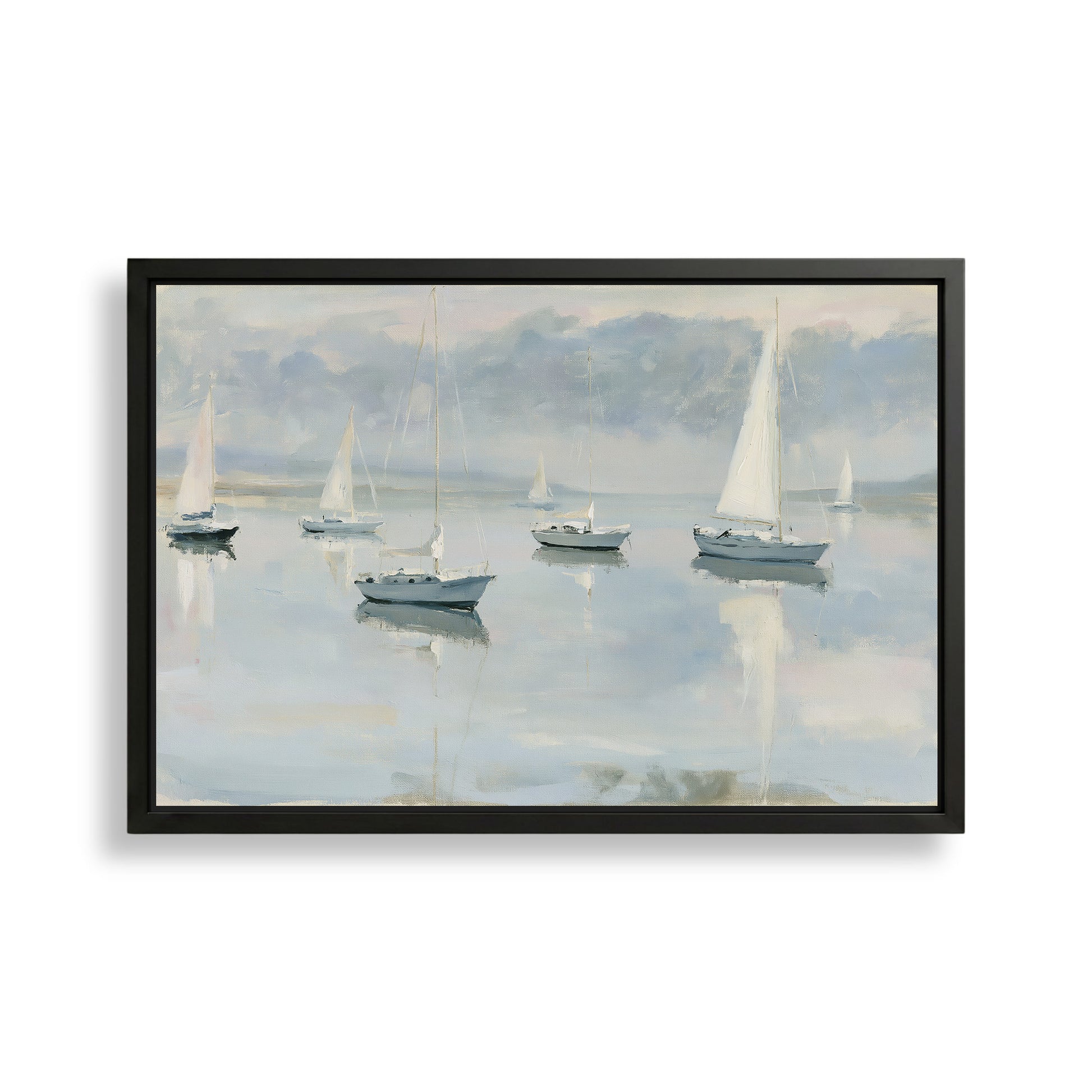 a serene scene of sailboats gently floating on a calm body of water, with a cloudy sky in the background.